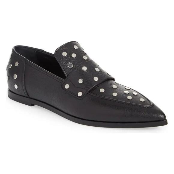 AGL Ines Black Leather Studded Pointed Toe Flat Loafers Size 37 - Picture 1 of 6
